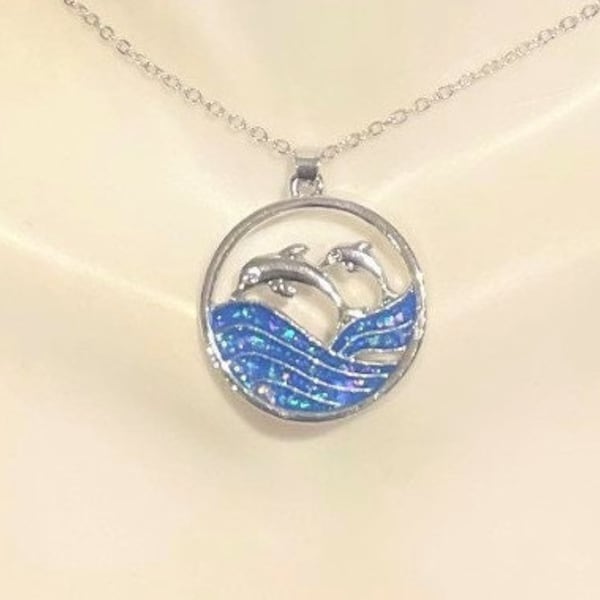 Faux Fire Opal Dolphins Necklace , Blue Dolphins Necklace , Ocean Waves Pendant Necklace for Women