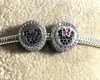 Sparkling Minnie & Mickey Pave Icon Head charm , Double sided  ,fits Pandora Bracelet , 925 Sterling Silver , gift for her