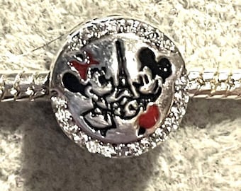 Paris Mickey & Minnie Exclusive Charm for Pandora Bracelet , Double sided Charm , 925 Sterling Silver