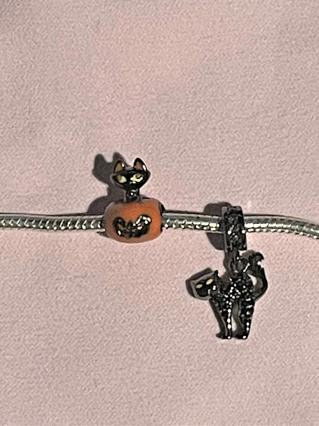 Black Cat Pumpkin Charm , Black Crystal Cat Dangle , Fits Pandora