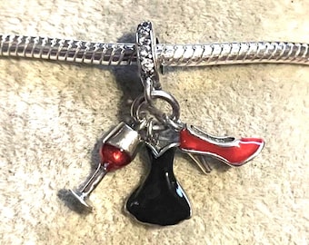Black Dress Wine high heel shoe Charm , Fits Pandora Bracelets , 925 Sterling Silver , gift for her