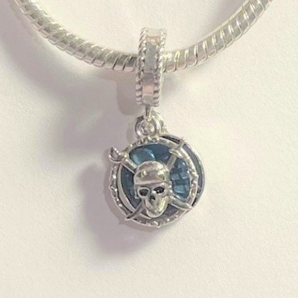 Pirates of the Caribbean Dangle Charm , Fits Pandora Bracelets , Skull Charm , 925 Sterling Silver