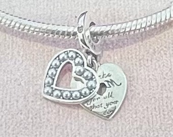 Thanks Mom Heart Double Dangle Charm Fits Pandora Bracelets