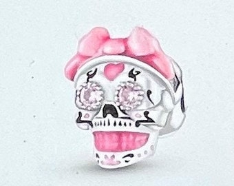 Sterling Silver Skull Charm , fits Pandora Bracelets , Pink Bow , Skull Charm , Halloween , 925 Sterling Silver