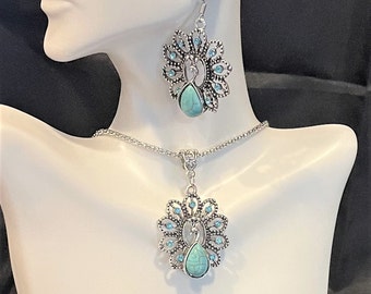 Turquoise Peacock Crystal Necklace & Earrings Set , Turquoise Jewelry Set for Women