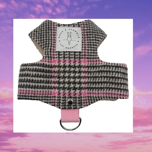 cat harness, kitten harness, butterfly harness, escape proof, Vibrant dogtooth check wool blend