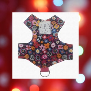 May include: A patterned cat harness featuring a black base with a vibrant floral design in pink, yellow, blue, and orange. It has a pink D-ring and a label that reads "Rose & Bramble Cat Harness."