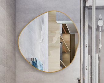 Circular Asymmetrical Mirror, Irregular Wooden Bathroom Mirror, Circular Aesthetic Mirror Home Design, Unique Mirror Art, Makeup Mirror