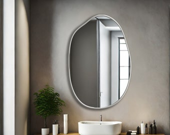 White Framed Irregular Mirror, Modern Asymmetrical Bathroom Mirror, Home Decoration, Wall Mirror, Luxury Wall Mirror, Entryway Mirror,Mirror