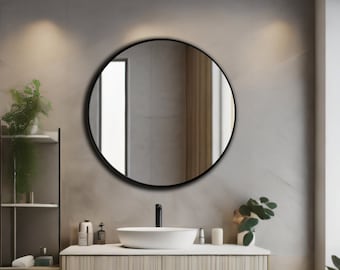 Modern Round Mirror Decor, Circle Wood Bathroom Mirror, Round Aesthetic Mirror Home Design, Unique Flat Mirror Wall Art, Mirror for Vanity