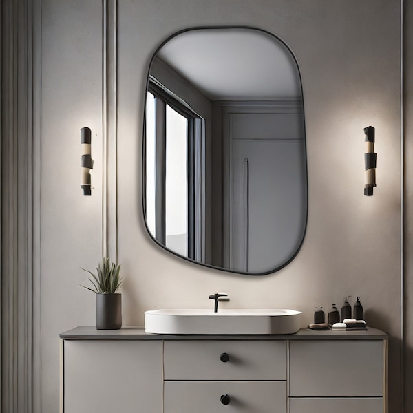Miroir noir asymétrique moderne, miroir de chambre à coucher irrégulier, miroir esthétique, décoration de salle de bain tendance, cadeau de pendaison de crémaillère élégant