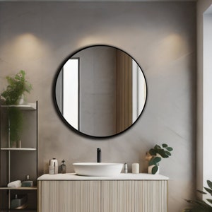 Modernes rundes Spiegeldekor, kreisförmiger Holz-Badezimmerspiegel, runder ästhetischer Spiegel-Wohndesign, einzigartige flache Spiegel-Wandkunst, Spiegel für Eitelkeit Schwarz