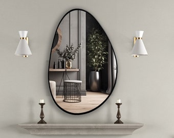 Moderne houten ingelijste wandspiegel, ovale wandgemonteerde onregelmatige spiegel, zwart ingelijste wandspiegel voor woonkamer badkamer, spiegelcadeau