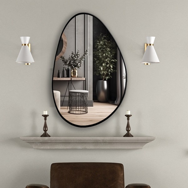 Miroir mural moderne avec cadre en bois, miroir mural irrégulier de forme ovale, miroir mural avec cadre noir pour salon salle de bain, cadeau miroir