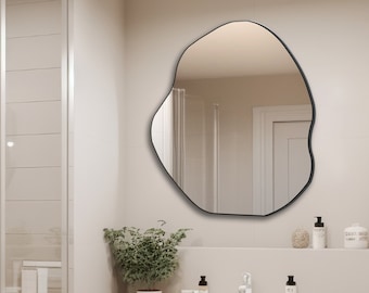 Zwart ingelijste asymmetrische spiegel, onregelmatige badkamerspiegel, esthetische muurhangende spiegel, moderne make-upspiegel, woonkamerspiegel