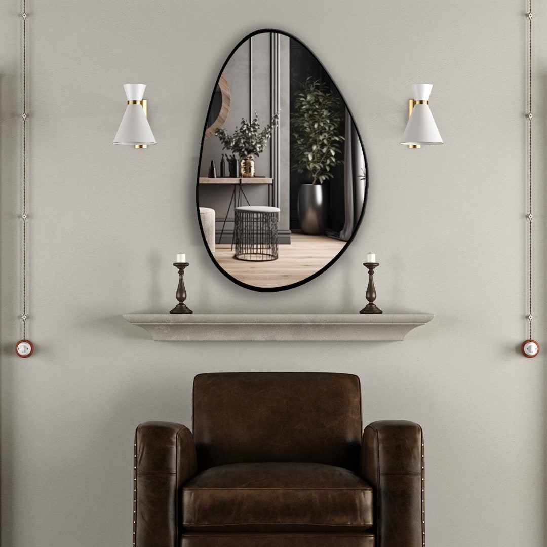 Modern Wood Framed Wall Mirror, Oval Shaped Wall Mounted Irregular ...