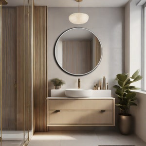 Modernes rundes Spiegeldekor, kreisförmiger Holz-Badezimmerspiegel, runder ästhetischer Spiegel-Wohndesign, einzigartige flache Spiegel-Wandkunst, Spiegel für Eitelkeit Bild 8