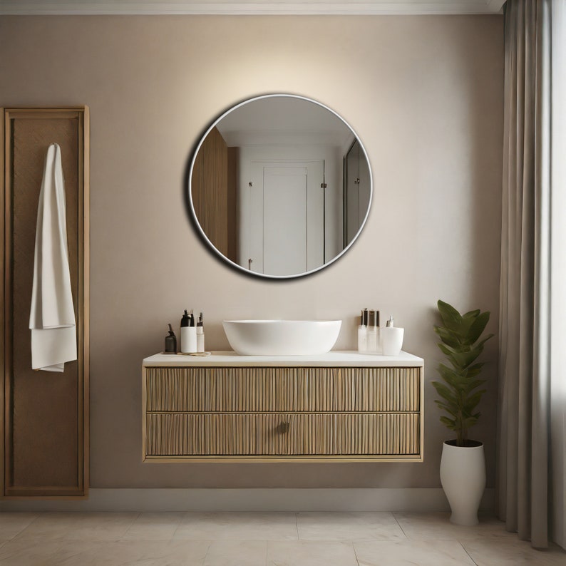 Modernes rundes Spiegeldekor, kreisförmiger Holz-Badezimmerspiegel, runder ästhetischer Spiegel-Wohndesign, einzigartige flache Spiegel-Wandkunst, Spiegel für Eitelkeit Weiß