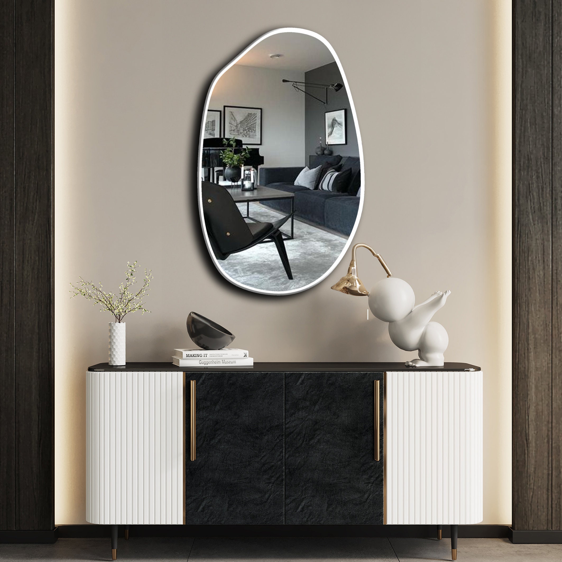 Specchio Da Parete Irregolare 75x70cm, Specchio Asimmetrico Con Cornice In Metallo E Viti Di Espansione Oro
