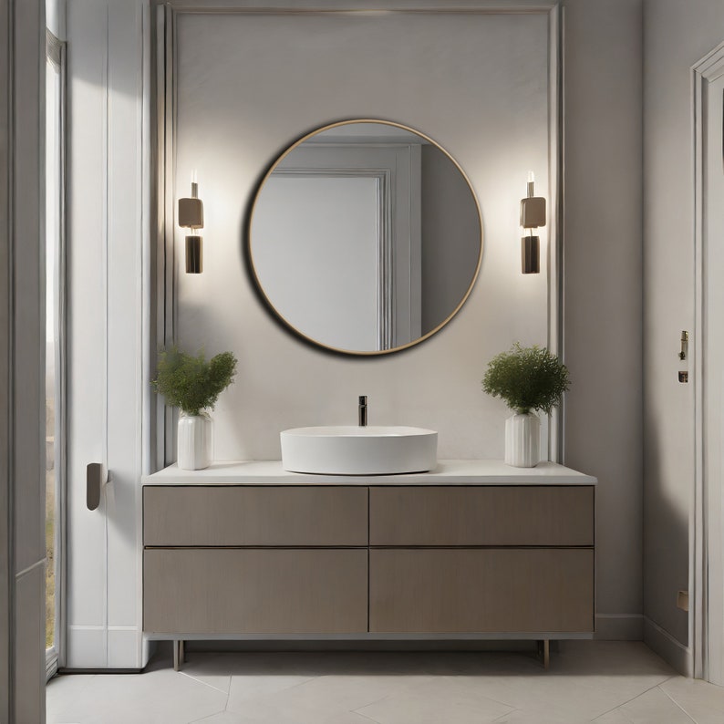 Modernes rundes Spiegeldekor, kreisförmiger Holz-Badezimmerspiegel, runder ästhetischer Spiegel-Wohndesign, einzigartige flache Spiegel-Wandkunst, Spiegel für Eitelkeit Bild 9