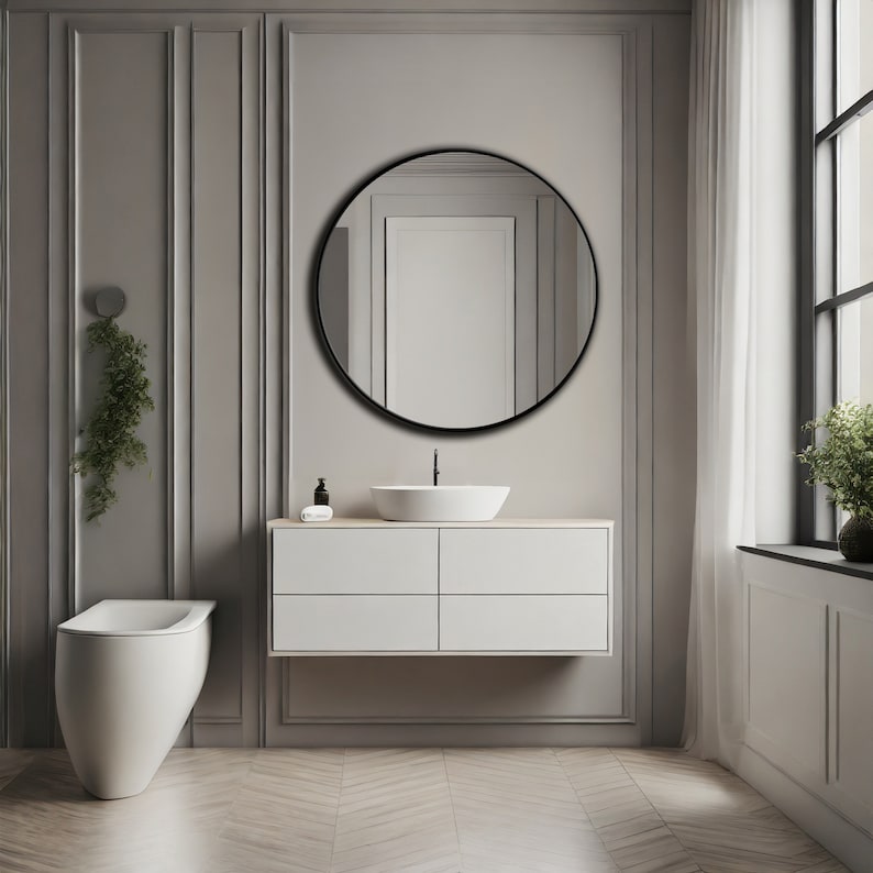 Modernes rundes Spiegeldekor, kreisförmiger Holz-Badezimmerspiegel, runder ästhetischer Spiegel-Wohndesign, einzigartige flache Spiegel-Wandkunst, Spiegel für Eitelkeit Bild 10