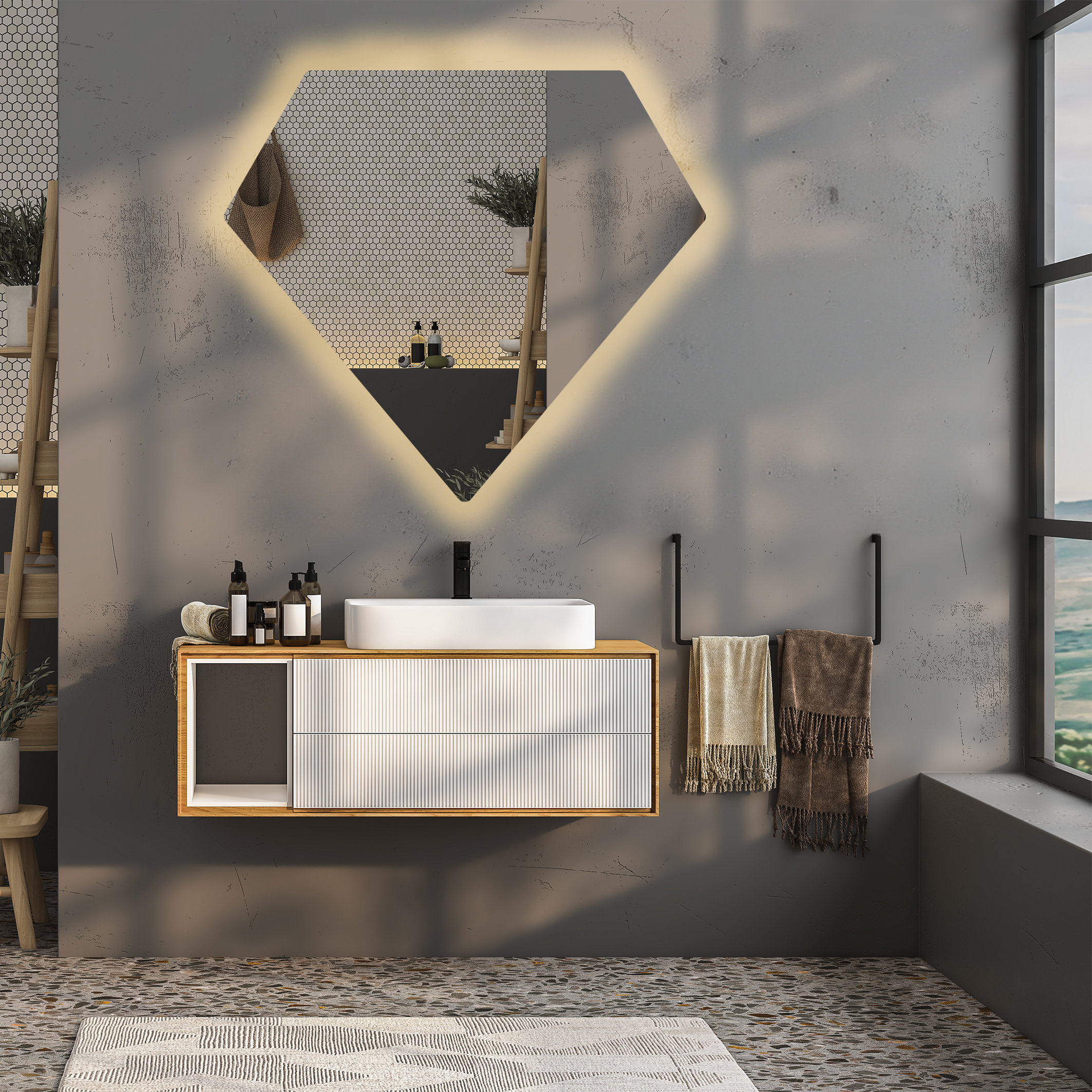 Stylish LED Bathroom Mirror, Diamond Shaped Wall Decor, Large Lighted ...