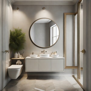 Modernes rundes Spiegeldekor, kreisförmiger Holz-Badezimmerspiegel, runder ästhetischer Spiegel-Wohndesign, einzigartige flache Spiegel-Wandkunst, Spiegel für Eitelkeit Gold