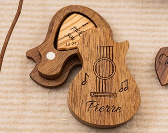 Aangepaste houten plectrums en houder, gepersonaliseerde plectrumdoos, cadeau voor gitarist, cadeau muzikant, gegraveerde houten plectrums