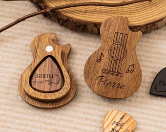 Personalized Wooden Guitar Picks with Case, Custom Guitar Pick Holder, Plectrum Box Guitar Player Gift, Father's Day, Guitar Shaped Pick Box