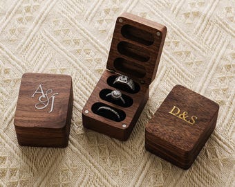 Aangepaste messing inleg drievoudige ringdoos, houten ringdoos met aangepaste metalen inleg, handgemaakte walnoot ringdrager, verlovingsringdoos, trouwringdoos,