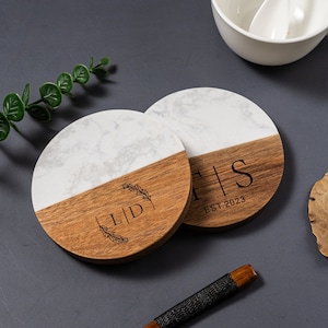 Personalized Engraved Marble Wood Coaster Set, Custom Housewarming Gifts Ideas, Anniversary Engagement Wedding Gift, Coasters for Newly Wed