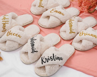 Custom Fluffy Bridesmaid Slipper, Bridal Shower Gift, Personalized Gift, Bride Slipper, Bridesmaid Gifts Proposal, Bachelorette Party Gifts