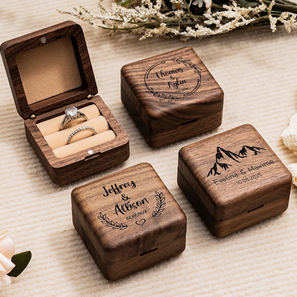 Boîte à bagues en bois avec nom personnalisé, boîte à bagues de fiançailles personnalisée, boîte à alliances, cadeau d'anniversaire, boîte à bagues gravée, proposition de boîte à bagues