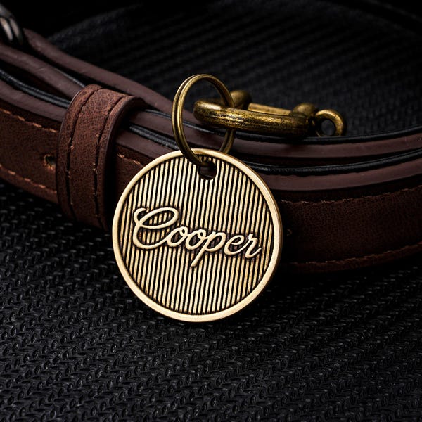 Personalized Brass Pet ID Tag, Engraved Dog Cat Tag, 30mm Dog Name Tag, Custom Dog Tag for Collar, Pet Gifts, Dog ID Tag with Phone Number