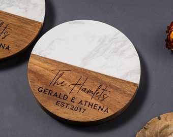 Sottobicchieri in legno di marmo personalizzati, sottobicchieri personalizzati, regalo di nozze di fidanzamento, regalo di anniversario per lei, regali per la nuova casa, regali di inaugurazione della casa