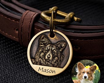 Custom Pet Portrait Tag, Unique Pet Lover Gift, Personalized Brass Dog Tag, Dog Photo ID Tag,Cat ID Tag,Engraved Pet Collar Tag,Dog Name Tag