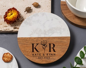 Aangepaste onderzetters, huwelijkscadeau, cadeau voor thuis, gepersonaliseerde marmeren houten onderzetters, verlovingscadeau, charcuteriebordset, housewarmingcadeaus