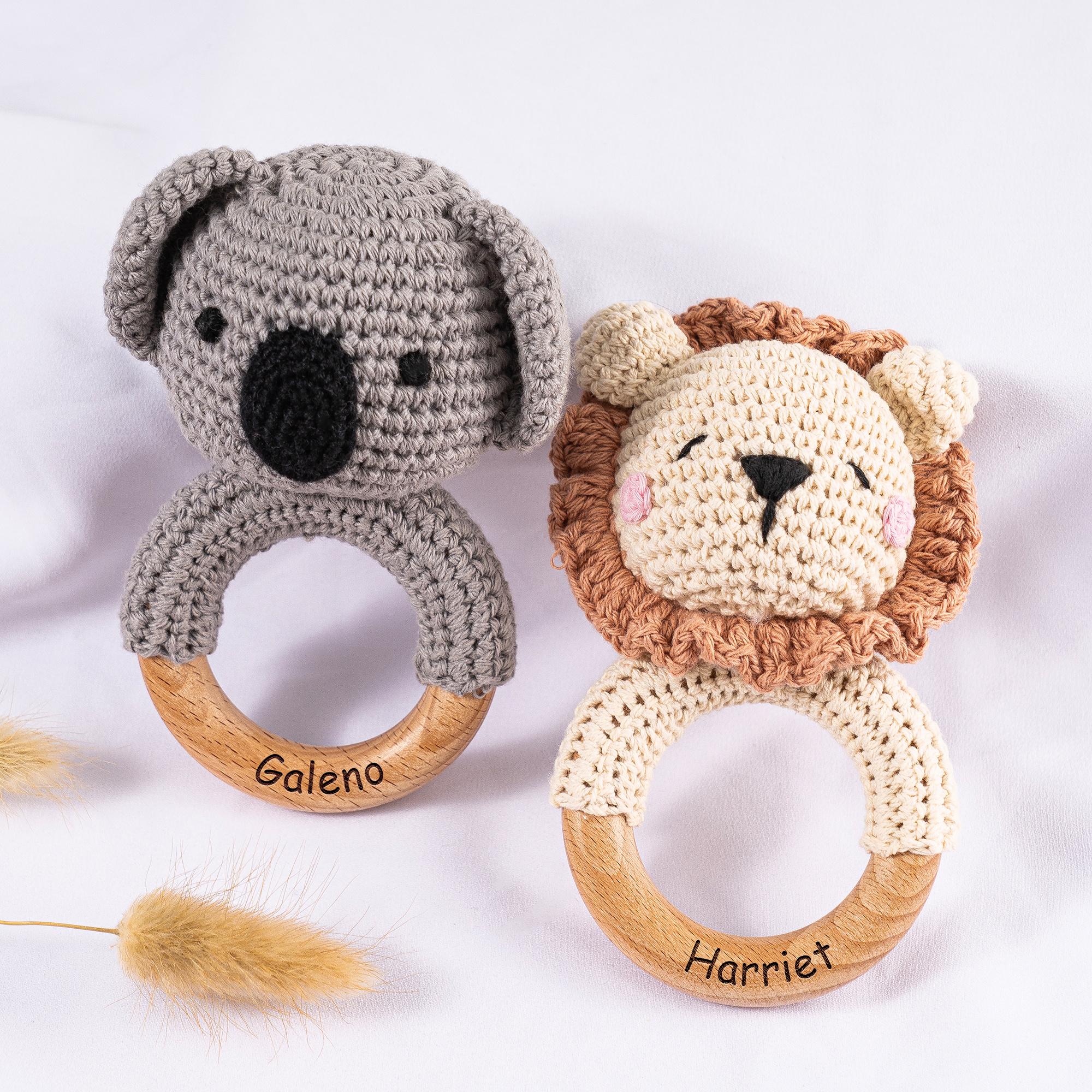 Stuffed Rattle Rings Crochet Toy Rattle for Babies, Personalized Baby Shower Gift, Wooden ...