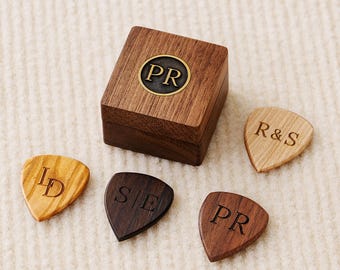 Aangepaste houten plectrums, plectrumhouder met messing inlegwerk, Vaderdag, kerstcadeaus voor hem, cadeau voor gitarist, cadeau voor papa
