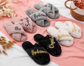 Fluffy Bride Bridesmaid Slippers, Personalized Slippers, Bridesmaid Gifts, Wedding Fluffy Slippers, Bridal Shower Gift, Bridesmaid Proposal