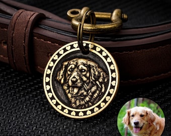 Gepersonaliseerde hondenfotolabel, aangepast huisdier portret label, messing huisdier label, 30 mm hondenpenning, cadeau voor dierenliefhebber, diep gegraveerd hondenhalsbandlabel, huisdier cadeau