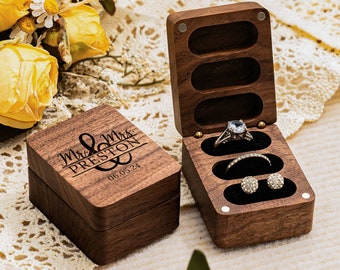 Custom Engraved Wooden Ring Box, Personalized Engagement Three Slots Rings Box, Wedding Ring Bearer,Anniversary Gifts,Proposal Ring Holder