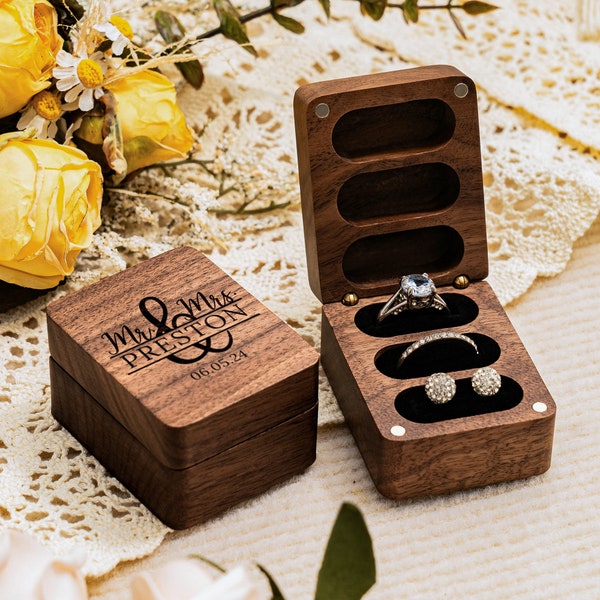 Custom Engraved Wooden Ring Box, Personalized Engagement Three Slots Rings Box, Wedding Ring Bearer,Anniversary Gifts,Proposal Ring Holder