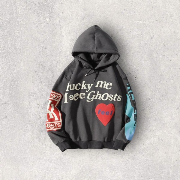 LUCKY ME SWEATSHIRT, Unisex I See Ghosts Hoodie, Cotton Unisex Streetwear Hoodie, Lucky Me Hoodie, Gray or Black I See Ghosts, Hiphop Hoodie