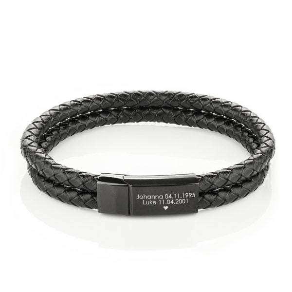 Leather bracelet with engraved black clasp