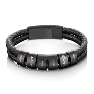 Leather bracelet with engraved black beads