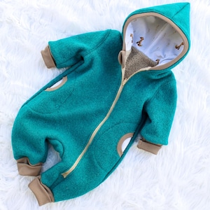 Wollen wandelpakje voor baby&#39;s en kinderen, wandelpakje baby herfst/winter turquoise vos maat: 50/ 56/62/68/ 74/ 80/ 86/ 92/ 98/ 104/ 110/ 116/ 122