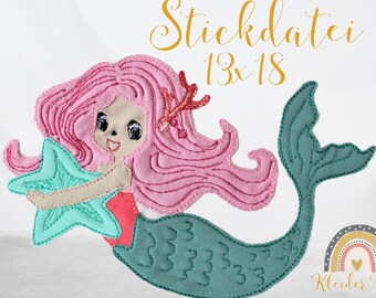 Embroidery file mermaid, application for the embroidery machine, size 13 x 18 / 5x7 inch format: dst/ exp/hus/jef/pes/vip/vp3/xxx