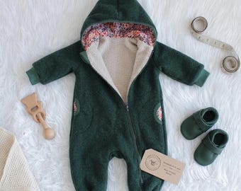 Tutina in lana, verde abete, con cappuccio e fodera floreale, tuta in lana foderata, adatta a bambine e bambini, tutina in lana per neonati, perfetta come regalo di nascita