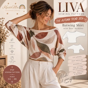 Peut inclure: Un chemisier chauve-souris à encolure bateau avec un motif de feuilles abstraites dans des tons rouille, vert olive et marron sur fond crème. Le vêtement présente des manches trois-quarts et une coupe courte. Texte : LIVA SEWING PATTERN.